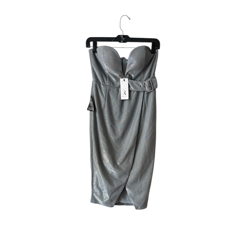 Rare London Strapless Deep Plunge Metallic Silver Dress Size 6 NWT
